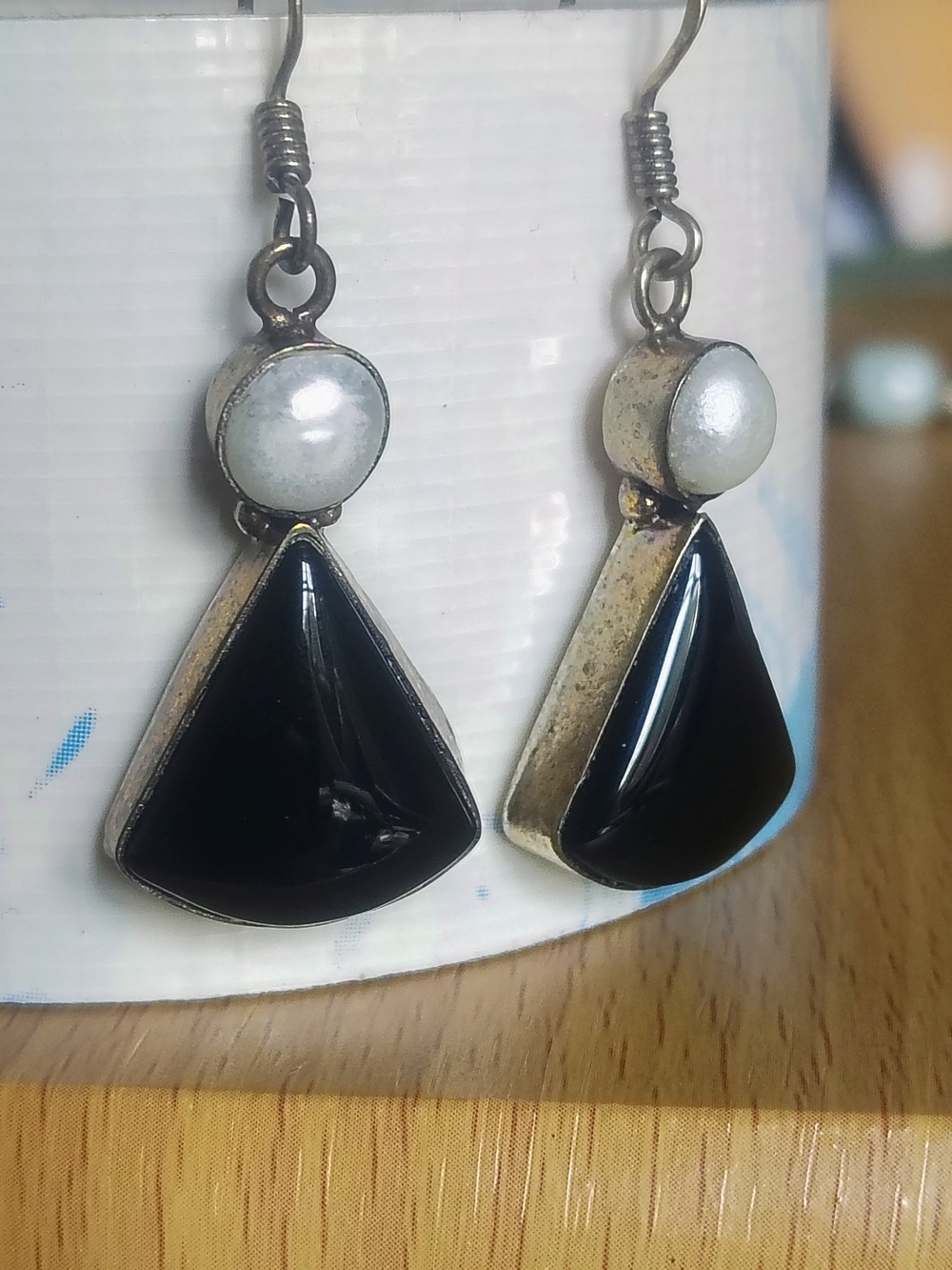 Sterling Silver Black Stone Drop Earrings with Pearl Accent